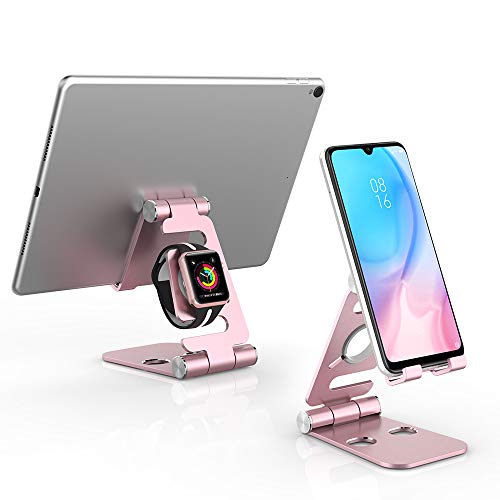 Hianjoo Soporte Móviles, Tableta Metal Soporte, 2 in 1 Portátil Plegable Holder para Teléfono Celulares, Reloj Dock, Ángulo Ajustable Base Compatible con Switch Máquina de Juegos, Oro Rosa