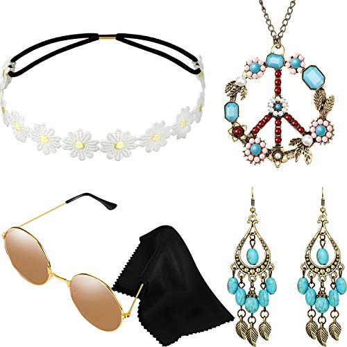 Hicarer Conjunto de Disfraces de Hippie Incluye Gafas de Sol, Diadema, Collar de Signo de Paz y Pendientes(Estilo Turquesa)