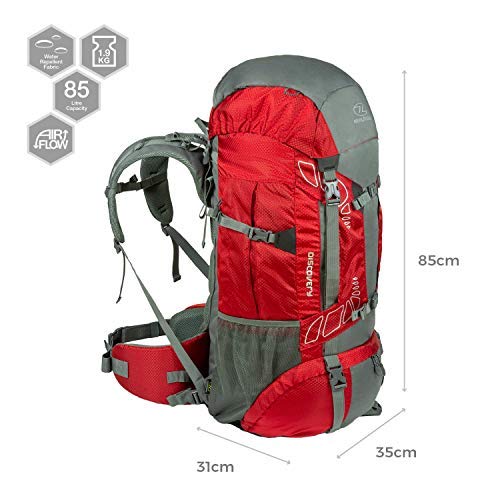 Highlander RUC181-RD Discovery - Mochila de senderismo, Rojo/ Gris, 65 L