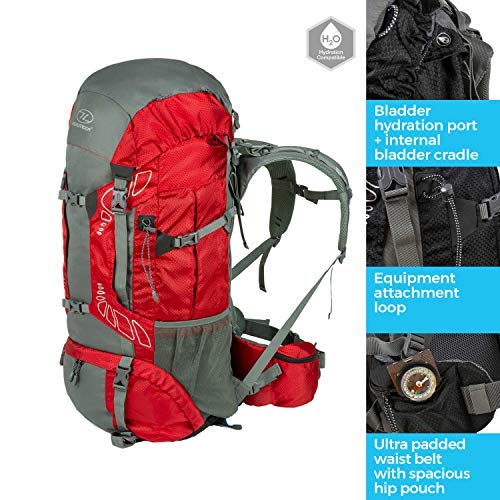 Highlander RUC181-RD Discovery - Mochila de senderismo, Rojo/ Gris, 65 L