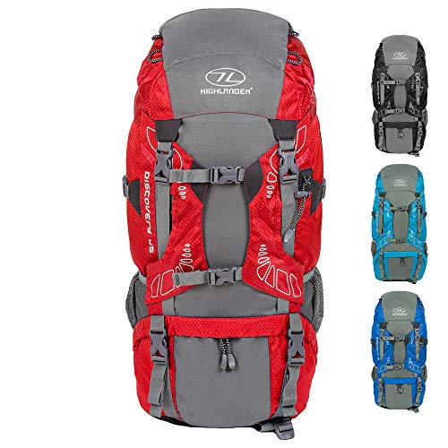 Highlander RUC181-RD Discovery - Mochila de senderismo, Rojo/ Gris, 65 L