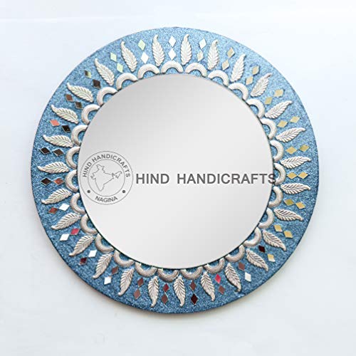 Hind Handicrafts Espejo de pared redondo de madera turquesa de 30,5 cm, espejo redondo medio, espejo rústico para baño, entrada, comedor y sala de estar