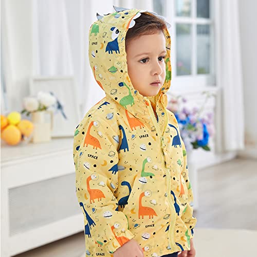 Hinzonek Chubasquero impermeable para niños y niñas, con capucha de dinosaurio, chaqueta cortavientos para viajes, deportes al aire libre durante 1-5 años (3-4 años, amarillo)