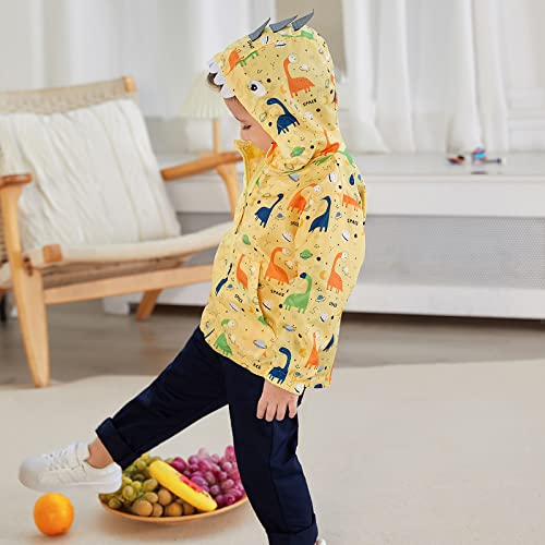 Hinzonek Chubasquero impermeable para niños y niñas, con capucha de dinosaurio, chaqueta cortavientos para viajes, deportes al aire libre durante 1-5 años (3-4 años, amarillo)