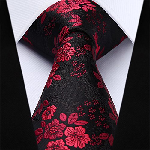 HISDERN Extra largo Floral Paisley lazo del panuelo Hombres Corbata & Plaza de bolsillo Conjunto Rojo/negro