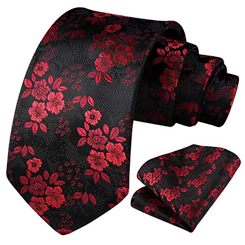 HISDERN Extra largo Floral Paisley lazo del panuelo Hombres Corbata & Plaza de bolsillo Conjunto Rojo/negro