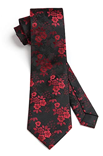 HISDERN Extra largo Floral Paisley lazo del panuelo Hombres Corbata & Plaza de bolsillo Conjunto Rojo/negro