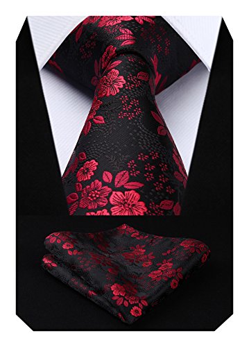 HISDERN Extra largo Floral Paisley lazo del panuelo Hombres Corbata & Plaza de bolsillo Conjunto Rojo/negro