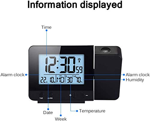 HJRUIUA Relojes de proyección Despertador Proyector con Temperatura Relojes de Alarma Proyección Alarma Dual, Función de Repetición, 12/24 Horas, Fecha, Temperatura de Humedad en Interiores Negro