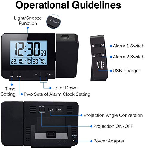 HJRUIUA Relojes de proyección Despertador Proyector con Temperatura Relojes de Alarma Proyección Alarma Dual, Función de Repetición, 12/24 Horas, Fecha, Temperatura de Humedad en Interiores Negro