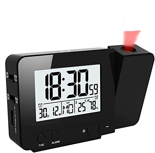 HJRUIUA Relojes de proyección Despertador Proyector con Temperatura Relojes de Alarma Proyección Alarma Dual, Función de Repetición, 12/24 Horas, Fecha, Temperatura de Humedad en Interiores Negro
