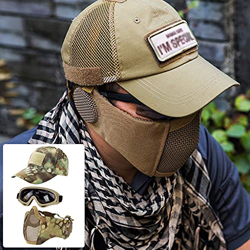 Hodeacc Juego de 3 máscaras tácticas de airsoft para béisbol,máscara de malla de media cara ajustable con protección para los oídos,gafas anti UV,gafas de airsoft para aire libre