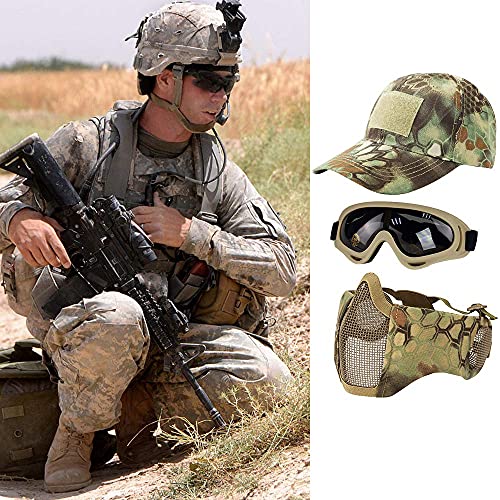 Hodeacc Juego de 3 máscaras tácticas de airsoft para béisbol,máscara de malla de media cara ajustable con protección para los oídos,gafas anti UV,gafas de airsoft para aire libre