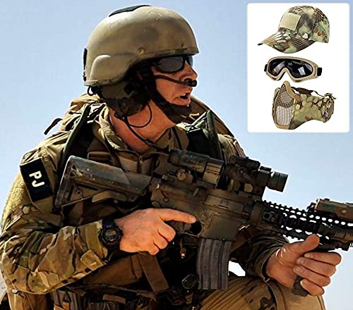 Hodeacc Juego de 3 máscaras tácticas de airsoft para béisbol,máscara de malla de media cara ajustable con protección para los oídos,gafas anti UV,gafas de airsoft para aire libre