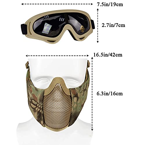 Hodeacc Juego de 3 máscaras tácticas de airsoft para béisbol,máscara de malla de media cara ajustable con protección para los oídos,gafas anti UV,gafas de airsoft para aire libre