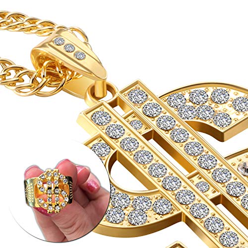 Hombre Chapado en Oro Hip Hop Collares y Anillos, Cadena Chapada en Rapero, Anillo Enchapado en Hip-Hop, Cadena de Collar Colgante con Signo de Dólar, Cadena Colgante en Oro de Cantante Rap