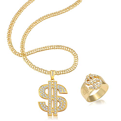 Hombre Chapado en Oro Hip Hop Collares y Anillos, Cadena Chapada en Rapero, Anillo Enchapado en Hip-Hop, Cadena de Collar Colgante con Signo de Dólar, Cadena Colgante en Oro de Cantante Rap