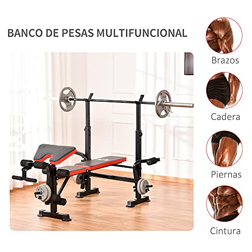 HOMCOM Banco de Pesas Multifuncional Banco de Musculación con Respaldo Ajustable Soporte de Barras para Fitness Entrenamiento Completo 105x150x112 cm Negro