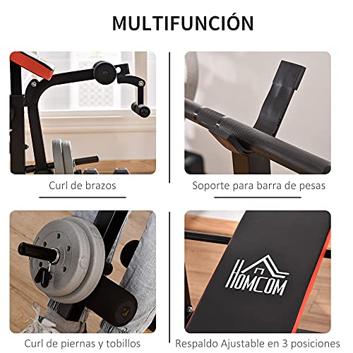 HOMCOM Banco de Pesas Multifuncional Banco de Musculación con Respaldo Ajustable Soporte de Barras para Fitness Entrenamiento Completo 105x150x112 cm Negro