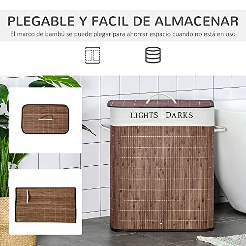 HOMCOM Cesto para Ropa Sucia de Bambú Capacidad de 100L Cesta para la Colada Rectangular con Tapa Extraíble Bolsa de 2 Compartimentos 52x32x63 cm Marrón