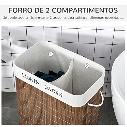 HOMCOM Cesto para Ropa Sucia de Bambú Capacidad de 100L Cesta para la Colada Rectangular con Tapa Extraíble Bolsa de 2 Compartimentos 52x32x63 cm Marrón