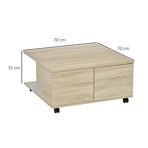 HOMCOM Mesa de Centro de Salón Mesa Movible con Ruedas 2 Estantes Abiertos y 2 Cajones Gran Almacenaje 70x70x35 cm Madera Natural