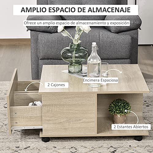 HOMCOM Mesa de Centro de Salón Mesa Movible con Ruedas 2 Estantes Abiertos y 2 Cajones Gran Almacenaje 70x70x35 cm Madera Natural