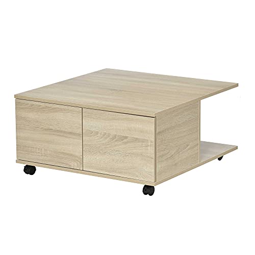 HOMCOM Mesa de Centro de Salón Mesa Movible con Ruedas 2 Estantes Abiertos y 2 Cajones Gran Almacenaje 70x70x35 cm Madera Natural