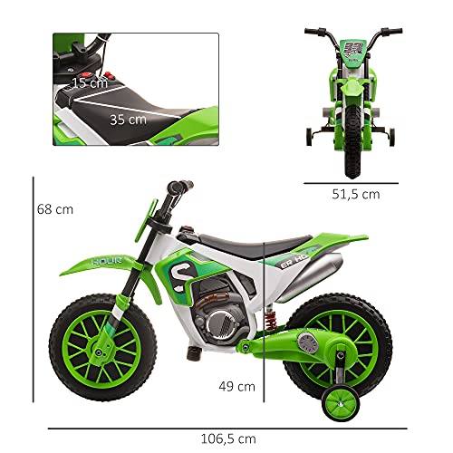 HOMCOM Moto Eléctrica para Niños de +3 Años 12V Moto de Juguete Infantil con 2 Ruedas de Equilibrio Velocidad Máx. 8 km/h Arranque Suave 106,5x51,5x68 cm Verde