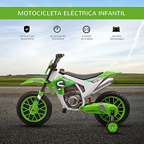 HOMCOM Moto Eléctrica para Niños de +3 Años 12V Moto de Juguete Infantil con 2 Ruedas de Equilibrio Velocidad Máx. 8 km/h Arranque Suave 106,5x51,5x68 cm Verde