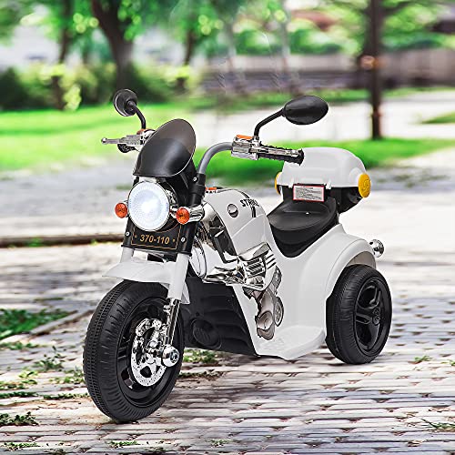 HOMCOM Moto Triciclo Eléctrico para Niños de +18 Meses Moto Eléctrica Infantil con 3 Ruedas Batería 6V con Botón de Música Bocina Luces y Maletero 87x46x54 cm Blanco