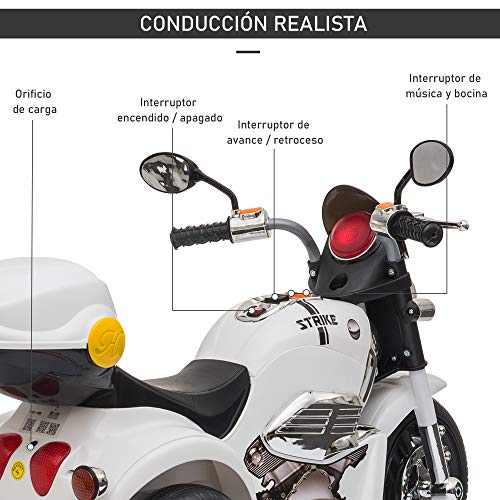 HOMCOM Moto Triciclo Eléctrico para Niños de +18 Meses Moto Eléctrica Infantil con 3 Ruedas Batería 6V con Botón de Música Bocina Luces y Maletero 87x46x54 cm Blanco