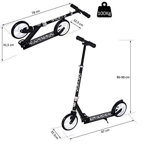 HOMCOM Patinete Plegable Scooter con Manillar Altura Ajustable 86/92/98cm Patinete para Adultos y Niños (más de 14 años) Tipo Monopatín con Freno Grandes Ruedas Carga 100kg