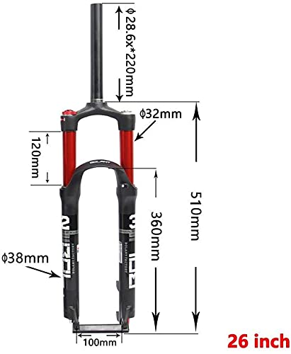 Horquilla Delantera para Bicicleta Montaña 26/27,5/29 Pulgadas, con Amortiguador Doble Tubo Interior,Control Hombro Tubo Recto,Aleación Magnesio,Recorrido: 100 Mm(Color:Red;Size:26inch)