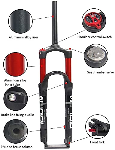 Horquilla Delantera para Bicicleta Montaña 26/27,5/29 Pulgadas, con Amortiguador Doble Tubo Interior,Control Hombro Tubo Recto,Aleación Magnesio,Recorrido: 100 Mm(Color:Red;Size:26inch)