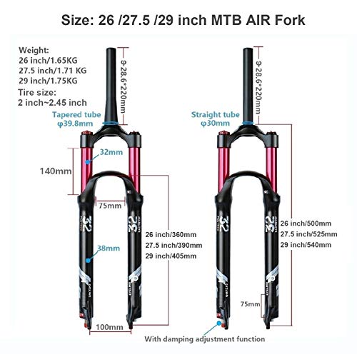 Horquilla MTB 26 27,5 29 Amortiguador Bicicleta Aleación Aluminio 1-1/8" Tubo Recto Suspensión Bicicleta Horquillas Viaje 140mm (Color : Shoulder Lock-A, Size : 26 Inch)