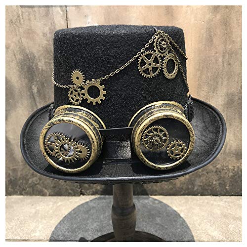 HOUJHUS Hombres Mujeres Retro Steampunk Top Hat Hecho a Mano con Gafas de Engranaje Stage Magic Hat Top Hat Size 57CM (Color : Negro, Size : 57)