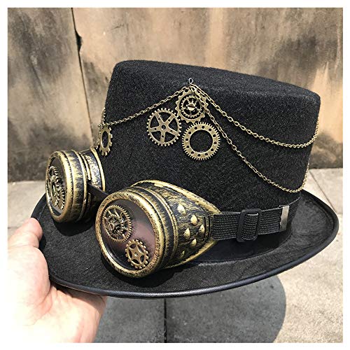 HOUJHUS Hombres Mujeres Retro Steampunk Top Hat Hecho a Mano con Gafas de Engranaje Stage Magic Hat Top Hat Size 57CM (Color : Negro, Size : 57)