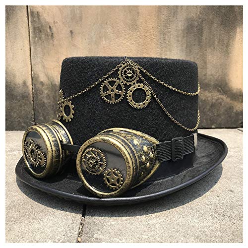 HOUJHUS Hombres Mujeres Retro Steampunk Top Hat Hecho a Mano con Gafas de Engranaje Stage Magic Hat Top Hat Size 57CM (Color : Negro, Size : 57)