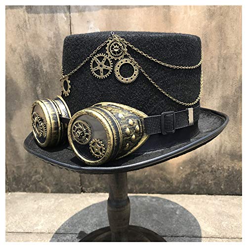 HOUJHUS Hombres Mujeres Retro Steampunk Top Hat Hecho a Mano con Gafas de Engranaje Stage Magic Hat Top Hat Size 57CM (Color : Negro, Size : 57)