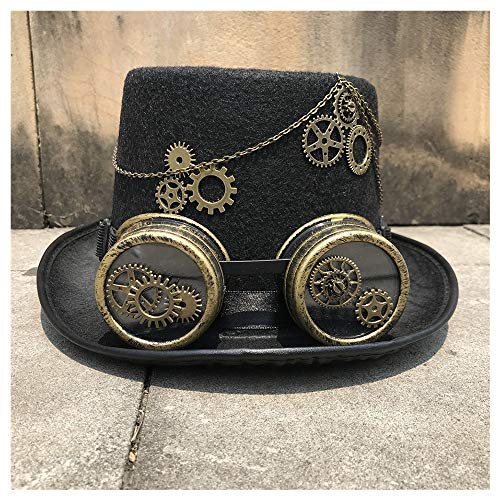 HOUJHUS Hombres Mujeres Retro Steampunk Top Hat Hecho a Mano con Gafas de Engranaje Stage Magic Hat Top Hat Size 57CM (Color : Negro, Size : 57)