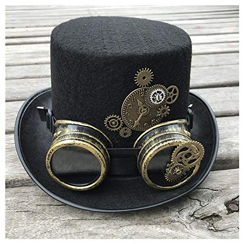 HOUJHUS Hombres Mujeres Sombrero Steampunk Hecho a Mano con Gafas de Engranaje Etapa Sombrero mágico Bombín Tamaño 57 cm (Color : Negro, Size : 57)