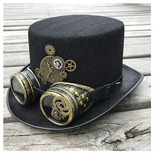 HOUJHUS Hombres Mujeres Sombrero Steampunk Hecho a Mano con Gafas de Engranaje Etapa Sombrero mágico Bombín Tamaño 57 cm (Color : Negro, Size : 57)