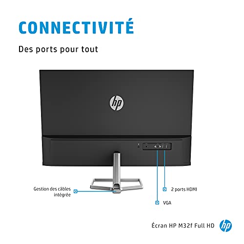HP M32f Monitor – 31,5 Pulgadas, Pantalla Full HD IPS, 75 Hz, Tiempo de Respuesta de 7 ms, VGA, 2 x HDMI 1.4, AMD Freesync, Plateado/Negro.