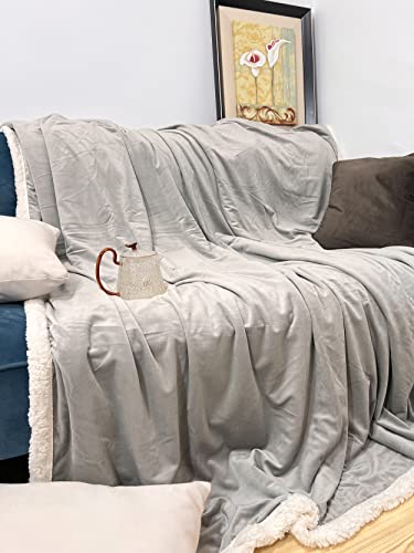 HTE Manta de Doble Cara para sofá y Cama de Tela Sherpa y Microfibra Caliente y Suave (Gris, 160 x 220 cm)