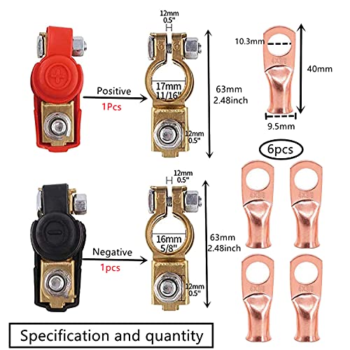 HUAZIZ 1 Pair Terminal de Batería de CocheLiberación Rápida Bornes Bateria Coche 12V Conector de Batería Positivo y Negativo Battery Abrazadera con 6 Anillo de Cobre