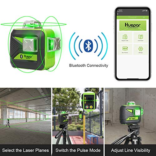 Huepar 3D Nivel Láser Verde 3x360 con Bluetooth & MODO DE PULSO, Conmutables 12 Líneas Autonivelante Líneas Cruzado, 360 Vertical/Horizontal Líneas, con Batería de Litio Recargable, 603CG-BT