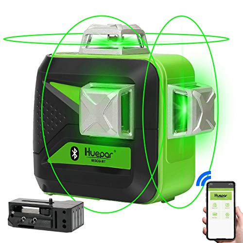 Huepar 3D Nivel Láser Verde 3x360 con Bluetooth & MODO DE PULSO, Conmutables 12 Líneas Autonivelante Líneas Cruzado, 360 Vertical/Horizontal Líneas, con Batería de Litio Recargable, 603CG-BT