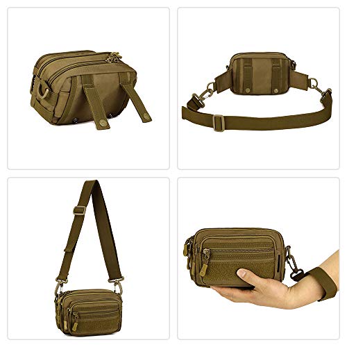 HUNTVP Bolsa de Riñonera Molle Mochila de Bandolera 3 Vías de Llevar Estilo Militar Táctical Bolsa de Múltiple Función Impermeable para Aire Libre Correr Senderismo Ciclismo Camping, Marrón