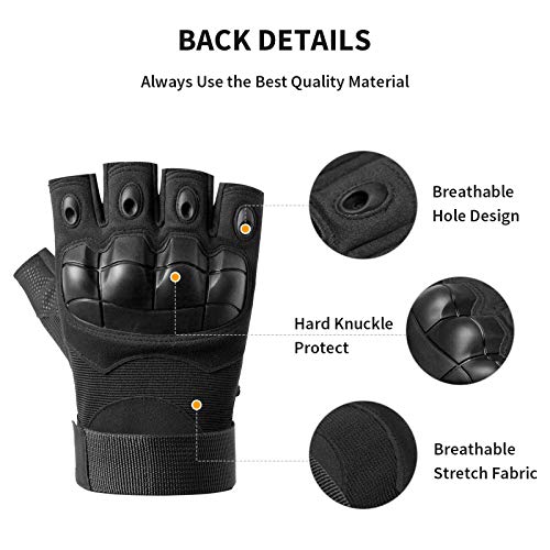 HUNTVP Militar Guantes Tactico Guantes de Moto Hombre Guantes de Bicicleta para Deportes al Aire Libre Ciclismo Acampada Escalada, Medio Dedo - Negro L